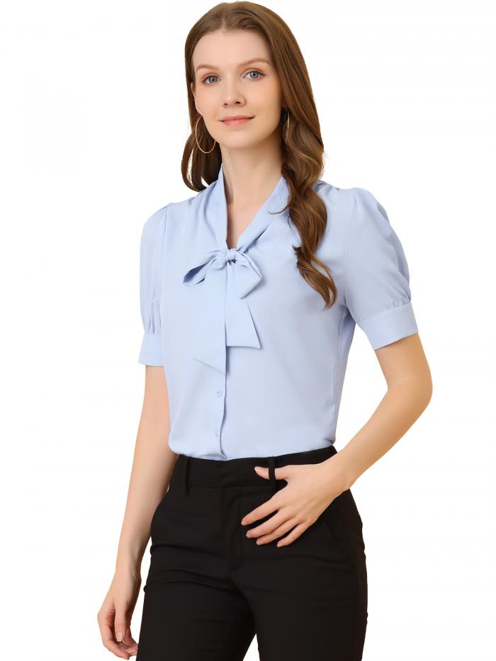 Allegra K ブラウス レディース 半袖 シフォンブラウス リボン付き シャツ オフィス カジュアル トップ 着痩せ おしゃれ ボウタイブラウス 通勤 OL ブルー XL