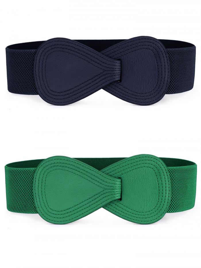 Allegra K 太 ゴムベルト フェイクレザー バックル 伸縮性 ウエストゴム ベルトインターロック 8字型 レディース 緑色-ネイビーブルー 68.6 cm