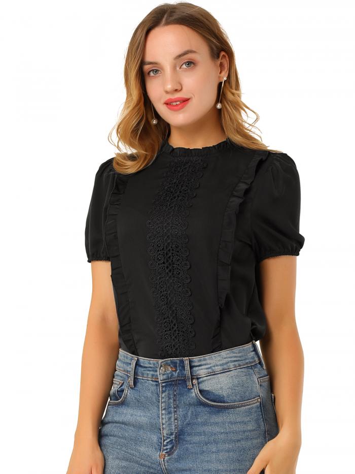 Allegra K ブラウス モックネック フリル 半袖 かぎ針編み レース オフィス レディース ブラック XS