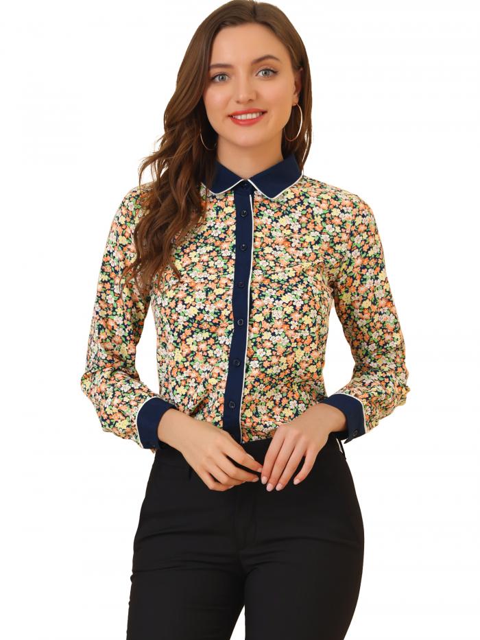 Allegra K 花柄 シャツ トップス ボタンシャツ 長袖 コントラストカラー レディース ネイビーブルー S