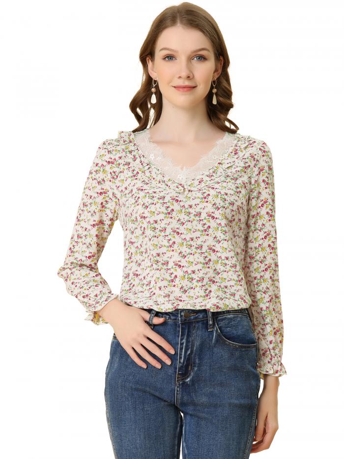 Allegra K ブラウス トップス レース Vネック 長袖 カジュアル シフォン フローラル フリルネック レディース ベージュ S