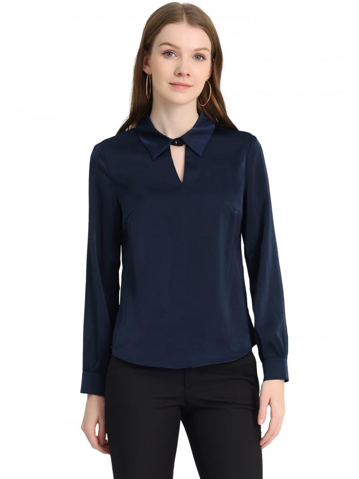 Allegra K サテン トップス ワーク オフィス ブラウス プルオーバー 長袖 エレガント レディース ネイビーブルー XL