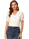 Allegra K スイスドット ブラウス フリル Vネックトップス シフォンシャツ 半袖トップス 通勤 OL レディース ホワイト XL