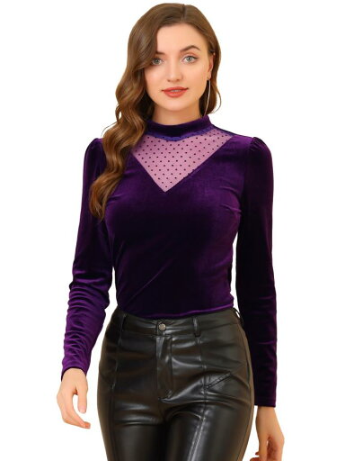 Allegra K ベルベット トップスハート柄 水玉 メッシュ スリム Vネック パッチワーク レディース ダークパープル XS Allegra K ベルベット トップスハート柄 水玉 メッシュ スリム Vネック パッチワーク レディース ダークパープル XS