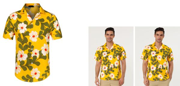 Allegra K 柄シャツ メンズ 半袖 アロハシャツ ワイシャツ 総柄 花柄 カラフル 夏 ビーチ カジュアル イエロー 花 38
