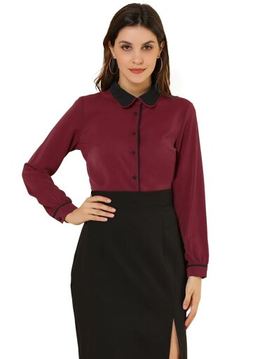 Allegra K 丸襟ブラウス シャツ オフィス ビジネス 長袖 ボタン トップス 春 秋 レディース ワインレッド XL Allegra K 丸襟ブラウス シャツ オフィス ビジネス 長袖 ボタン トップス 春 秋 レディース ワインレッド XL