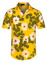 Allegra K 柄シャツ メンズ 半袖 アロハシャツ ワイシャツ 総柄 カラフル ファッション カジュアル イエロー 花 46