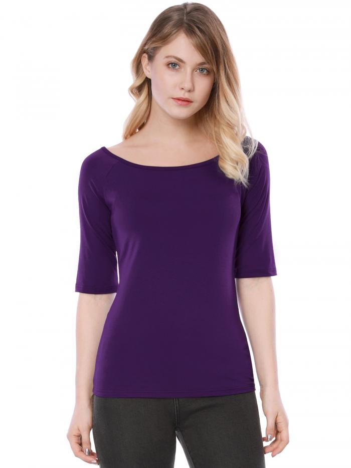Allegra K 無地 tシャツ 5分丈 五分袖tシャツ トップス ストレッチ スリム シンプル レディース ダークパープル 3XL