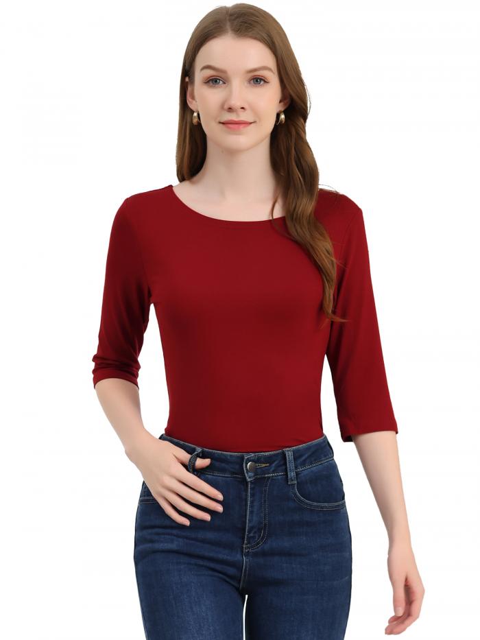 Allegra K スリム Tシャツ ハーフスリーブ ラウンドネック 丸首 無地 レディース ワインレッド XS