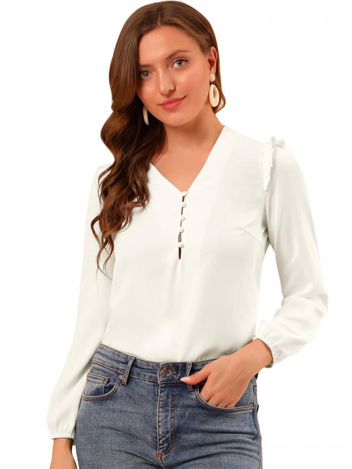 Allegra K Vネック ハーフボタン前立て オフィス キャリア フリル 長袖ブラウス レディース ホワイト Lのサムネイル