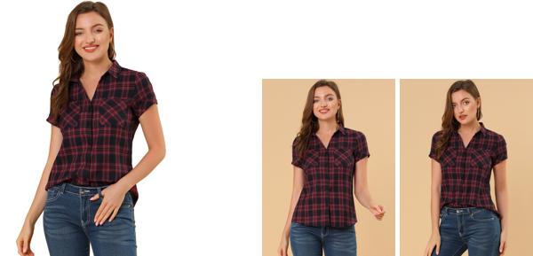 Allegra K 赤チェックシャツ 半袖 フランネル レディース ボタンダウン カジュアル 夏 レッドブラック XS