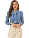 Allegra K 丸襟 ワークブラウス トップス カジュアル コントラスト シャツ Vネック パフスリーブ レディース グレーブルー M