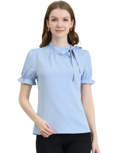Allegra K 半袖 ブラウス トップス 蝶ネクタイネック シャツ エレガント オフィス レディース ライトブルー M Allegra K 半袖 ブラウス トップス 蝶ネクタイネック シャツ エレガント オフィス レディース ライトブルー M