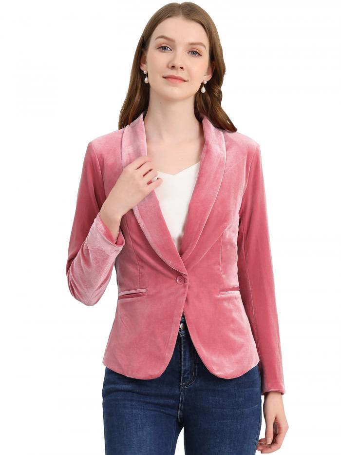 Allegra K ベルベット ブレザー コート ショール襟 ボタン留め オフィス 事務服 無地 レディース ピンク XL