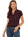 Allegra K 赤チェックシャツ 半袖 フランネル レディース ボタンダウン カジュアル 夏 レッドブラック S
