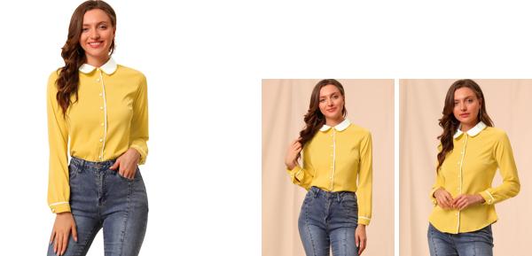 Allegra K 丸襟ブラウス シャツ オフィス ビジネス 長袖 ボタン トップス 春 秋 レディース イエロー S