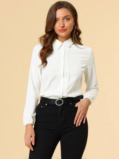 Allegra K ブラウス レディース 長袖 シフオンブラウス 折り襟 レース飾り シャツ オフィス カジュアル トップス 着痩せ おしゃれ 通勤 OL ホワイト XS