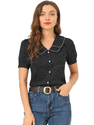Allegra K 水玉 シャツ トップス ピーターパンカラー パフスリーブ 半袖 ヴィンテージ レディース ブラック M Allegra K 水玉 シャツ トップス ピーターパンカラー パフスリーブ 半袖 ヴィンテージ レディース ブラック M