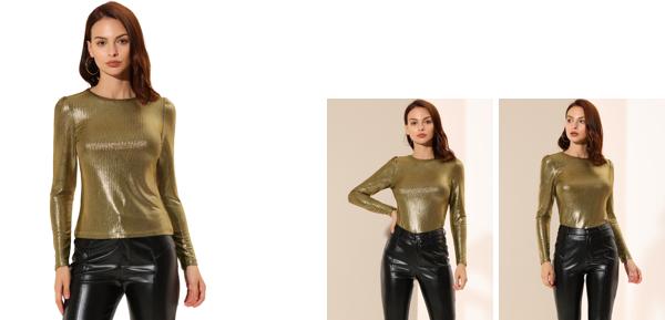 Allegra K レディース メタリックシャツ 輝く ディスコ パーティー用 トップス ブラックゴールド XL