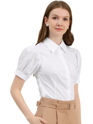Allegra K ブラウス レディース 半袖 コットンブラウス 折り襟 ボタン付き シャツ オフィス カジュアル トップス 着痩せ おしゃれ 通勤 OL ホワイト色 XS Allegra K ブラウス レディース 半袖 コットンブラウス 折り襟 ボタン付き シャツ オフィス カジュアル トップス 着痩せ おしゃれ 通勤 OL ホワイト色 XS