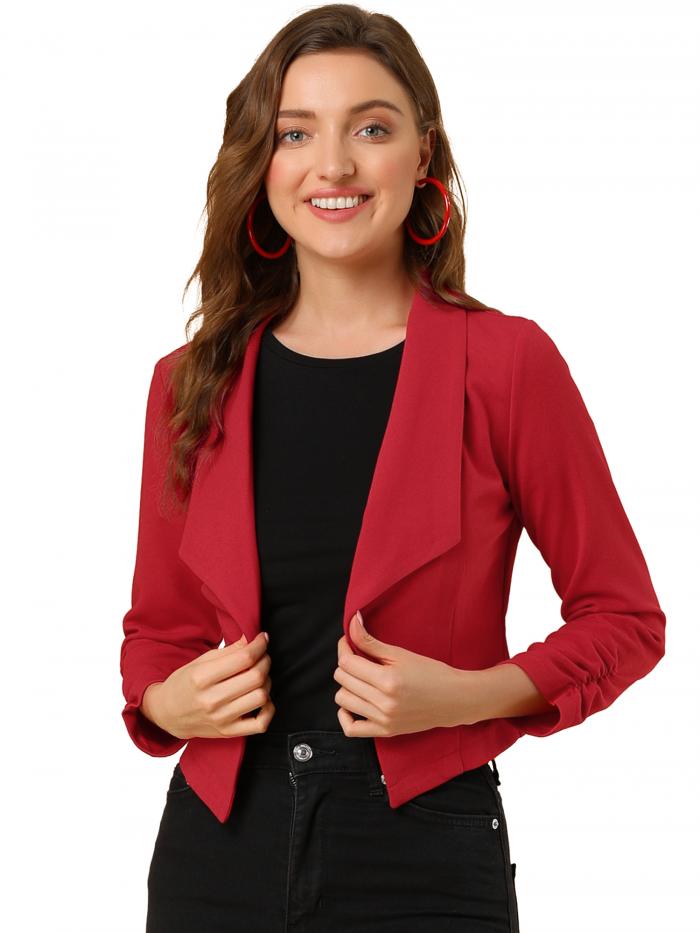 Allegra K ショート ジャケット クロップド ブレザー 前開き オフィス 事務服 無地 レディース レッド XL