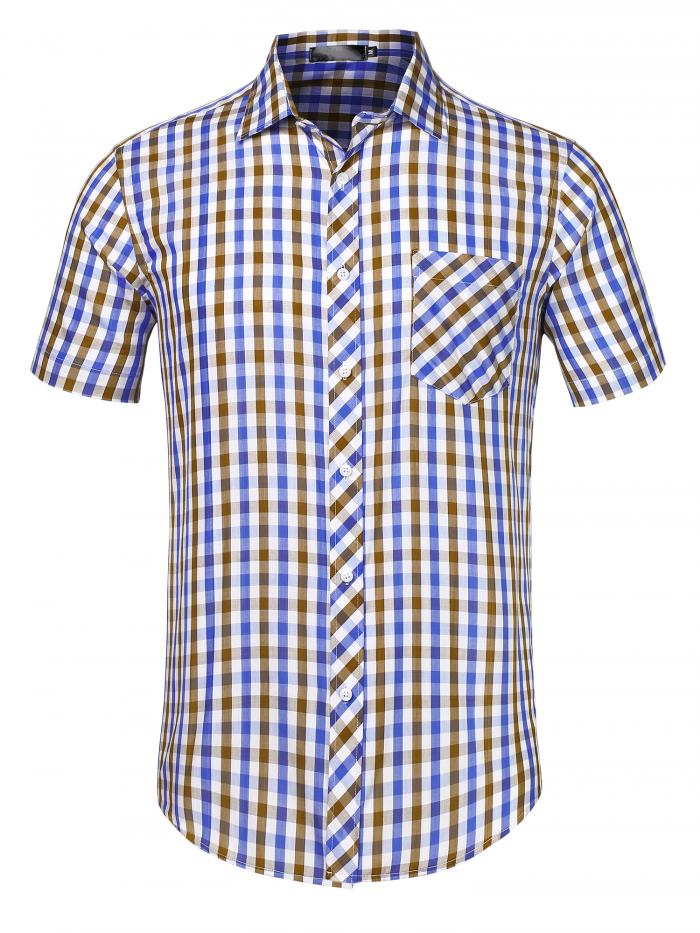 Lars Amadeus チェックシャツ 夏 コットン 半袖 ボタンダウン チェック柄 メンズ ブラウン ホワイト S