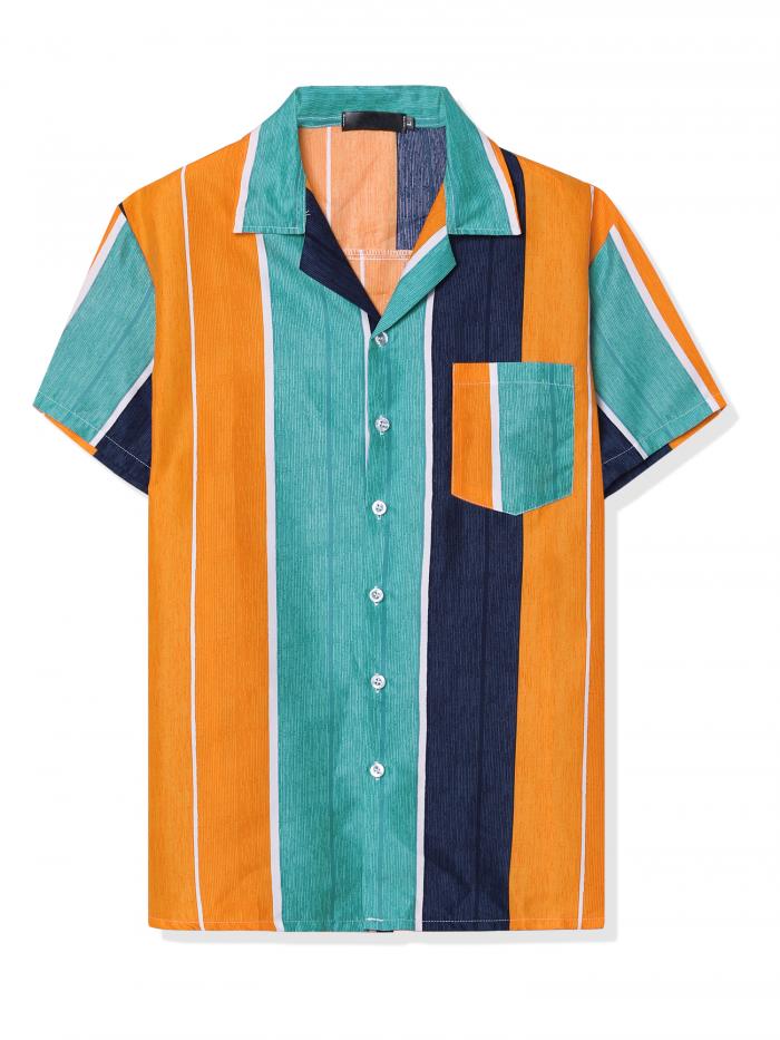 Lars Amadeus アロハシャツ ハワイアン ビーチ シャツ 半袖 ボタンダウン 夏 メンズ ブルーグリーンオレンジ M