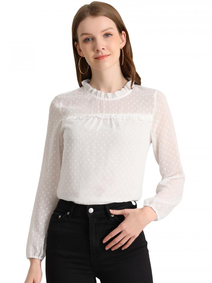 Allegra K フリルネック 長袖 ブラウス 水玉 テクスチャード レディース ホワイト S