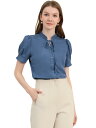 Allegra K ブラウス スタンドカラー タイネック 半袖シャツ パフスリーブ ボタン前 レースインセット レディース ダークブルー S