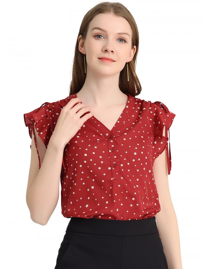 Allegra K シフォンブラウス トップス 水玉 袖フリル Vネック オフィスカジュアル レディース レッド M(4)