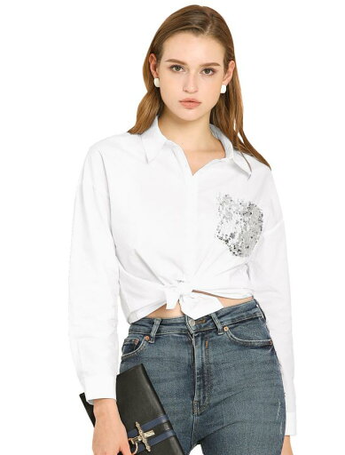 Allegra K シャツ ブラウス 長袖 スパンコールポケット ドロップショルダー オフィス カジュアル レディース ホワイト M Allegra K シャツ ブラウス 長袖 スパンコールポケット ドロップショルダー オフィス カジュアル レディース ホワイト M