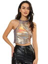 Allegra K クロップタンクトップ ホルターネック スパンコール 光沢 ホログラフィック パーティー ストレッチ レディース ブルー M(4)