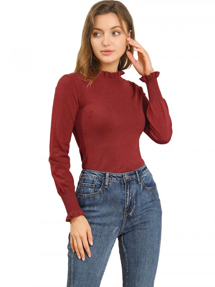 Allegra K ニット セーター トップス プルオーバー フリルネック ビショップスリーブ 長袖 レディース ワインレッド L