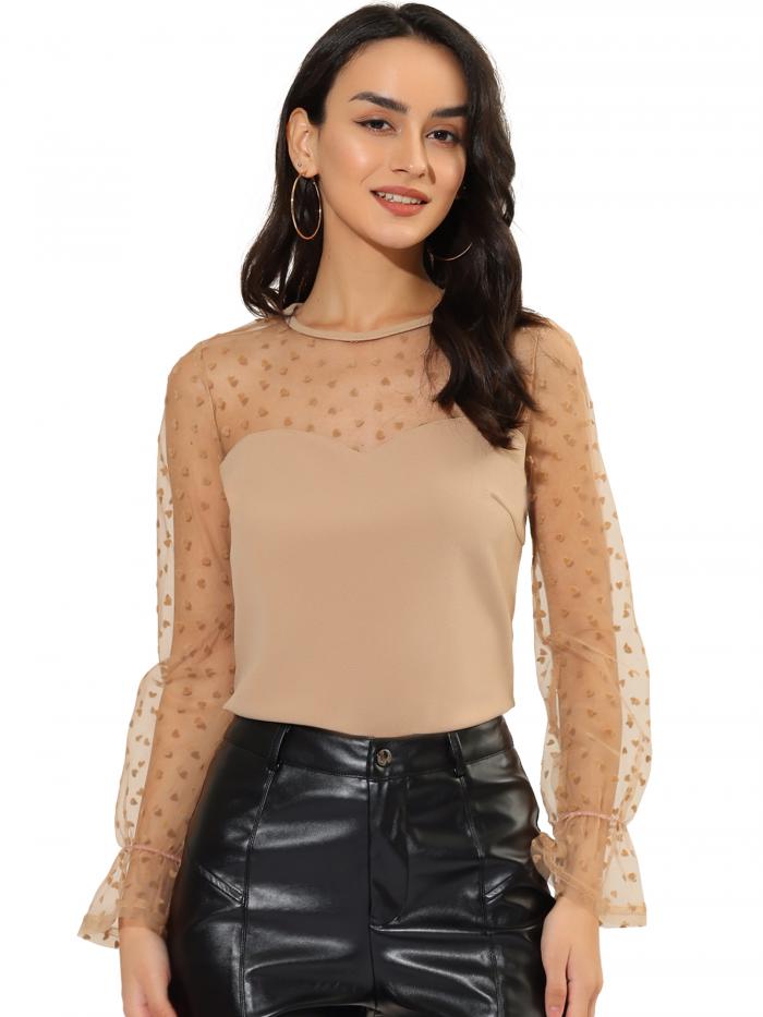 Allegra K ブラウス シースルー 長袖 シフオンブラウス セックシー 水玉 シャツ オフィス メッシュ トップス 着痩せ おしゃれ ゴージャス レディース カーキ S