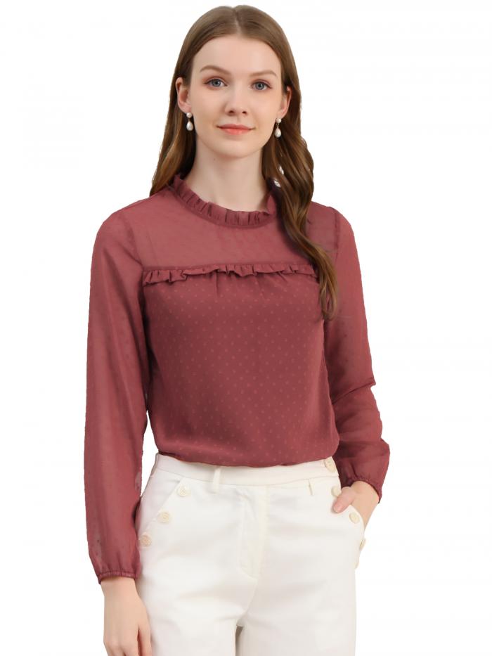 Allegra K フリルネック 長袖 ブラウス 水玉 テクスチャード レディース ブラウンレッド S