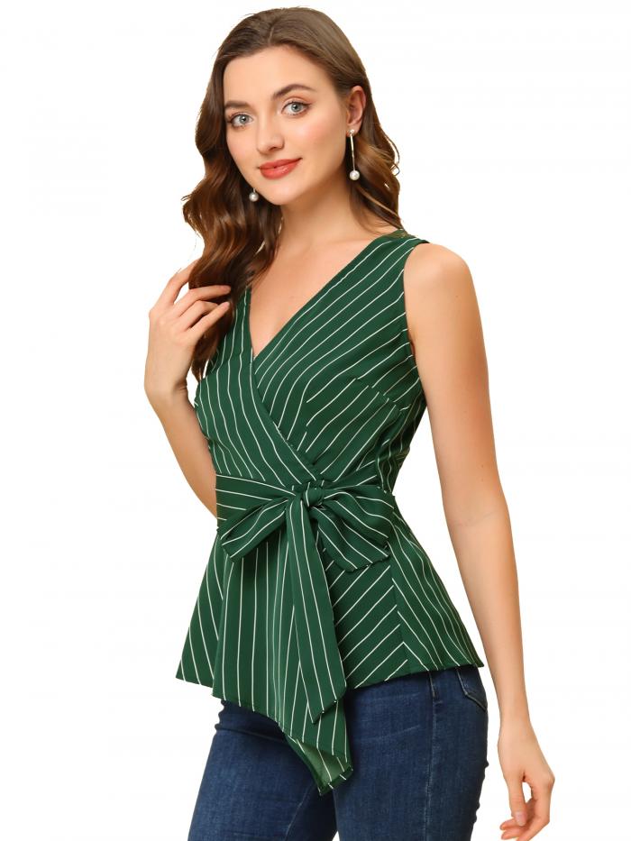 Allegra K ノースリーブ トップス カシュクール 縞 ストライプ柄 Vネック ラップタイ ウエストリボン ..