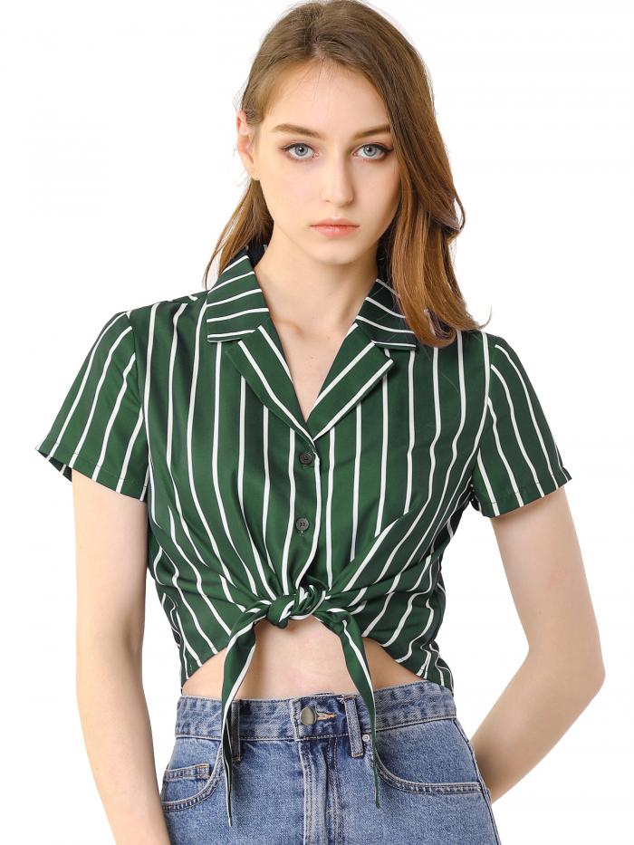 Allegra K 縦ストライプ シャツ 襟付き クロップ ショート丈 半袖 レトロ クロップドトップス レディース グリーン S