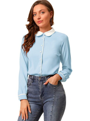 Allegra K 丸襟ブラウス シャツ オフィス ビジネス 長袖 ボタン トップス 春 秋 レディース ライトブルー XS Allegra K 丸襟ブラウス シャツ オフィス ビジネス 長袖 ボタン トップス 春 秋 レディース ライトブルー XS