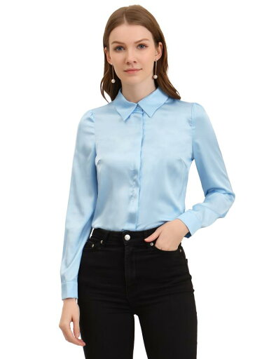 Allegra K ブラウス レディース 長袖 サテンブラウス 折り襟 シャツ オフィス カジュアル トップス 着痩せ おしゃれ 通勤 OL ライトブルー M Allegra K ブラウス レディース 長袖 サテンブラウス 折り襟 シャツ オフィス カジュアル トップス 着痩せ おしゃれ 通勤 OL ライトブルー M