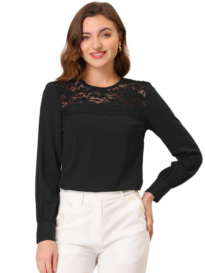 Allegra K レースブラウス クルーネック キーホール 長袖 トップス レディース ブラック S