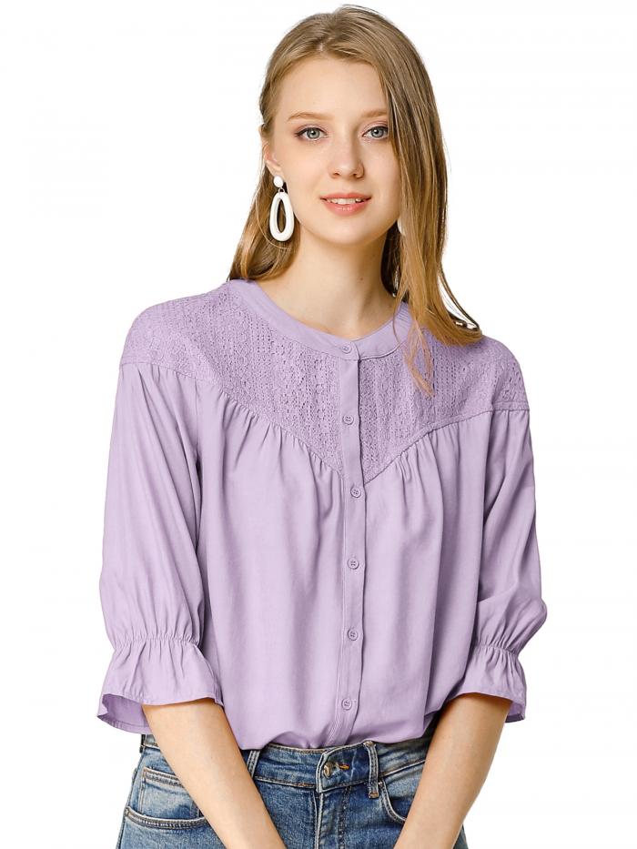 Allegra K レース ブラウス シャツ トップス ボタンシャツ 七分袖 無地 レディース パープル M