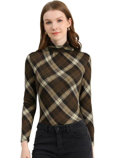 Allegra K チェック シャツ ブラウス タートルネック チェック柄 長袖 スリム クリスマス レディース ブラウン色 M Allegra K チェック シャツ ブラウス タートルネック チェック柄 長袖 スリム クリスマス レディース ブラウン色 M