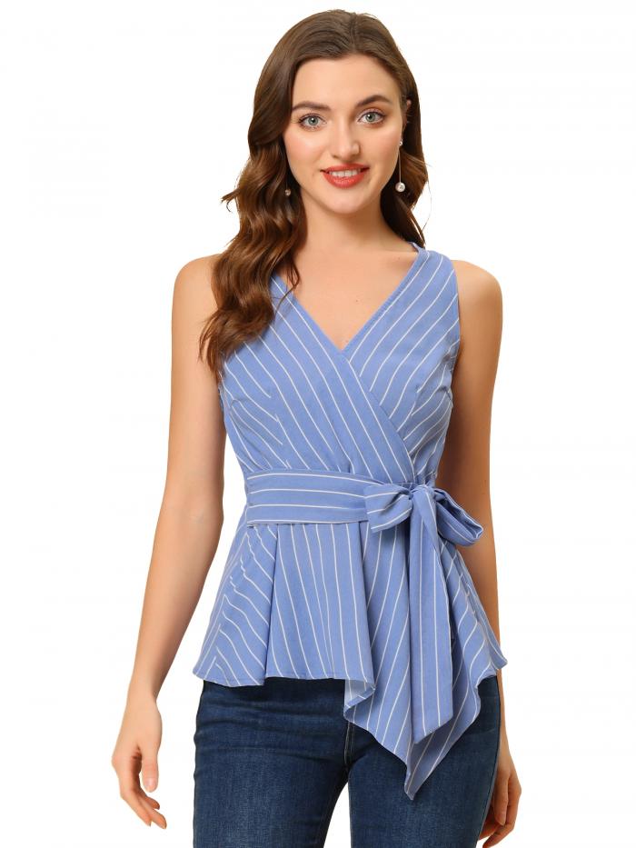 Allegra K ノースリーブ トップス カシュクール 縞 ストライプ柄 Vネック ラップタイ ウエストリボン レディース ライトブルー S