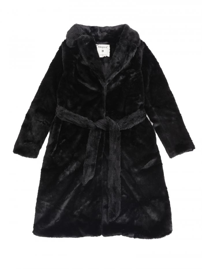 Allegra K 冬 暖かいロングコート レディース ベルト付き ラペルオープン フロント ふわふわ ジャケット ブラック M