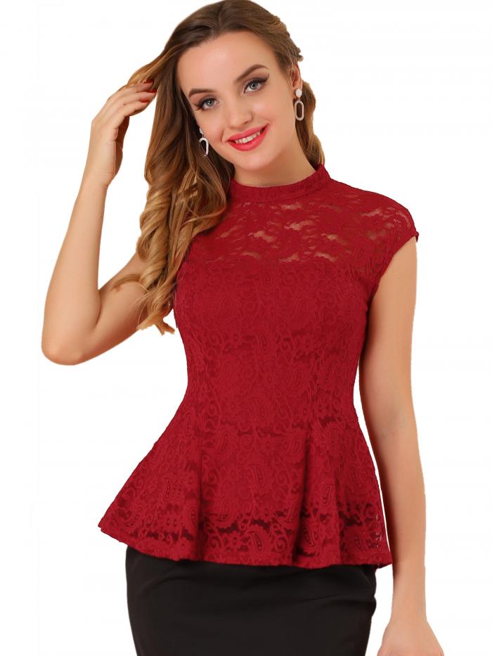 Allegra K ブラウスペプラムトップ レース 花柄かぎ針編み ラウンドネック ノースリーブ レディース レッド XS