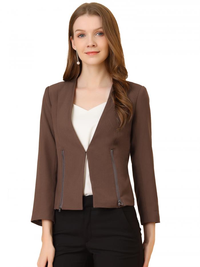 Allegra K クロップド ブレザー ノーカラージャケット 前開き オフィス 事務服 ジッパー レディース コーヒー色 M