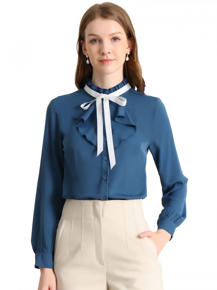 Allegra K 長袖 オフィストップス ブラウス ダウンシャツ フリルカラー ボタン レディース ブルー S