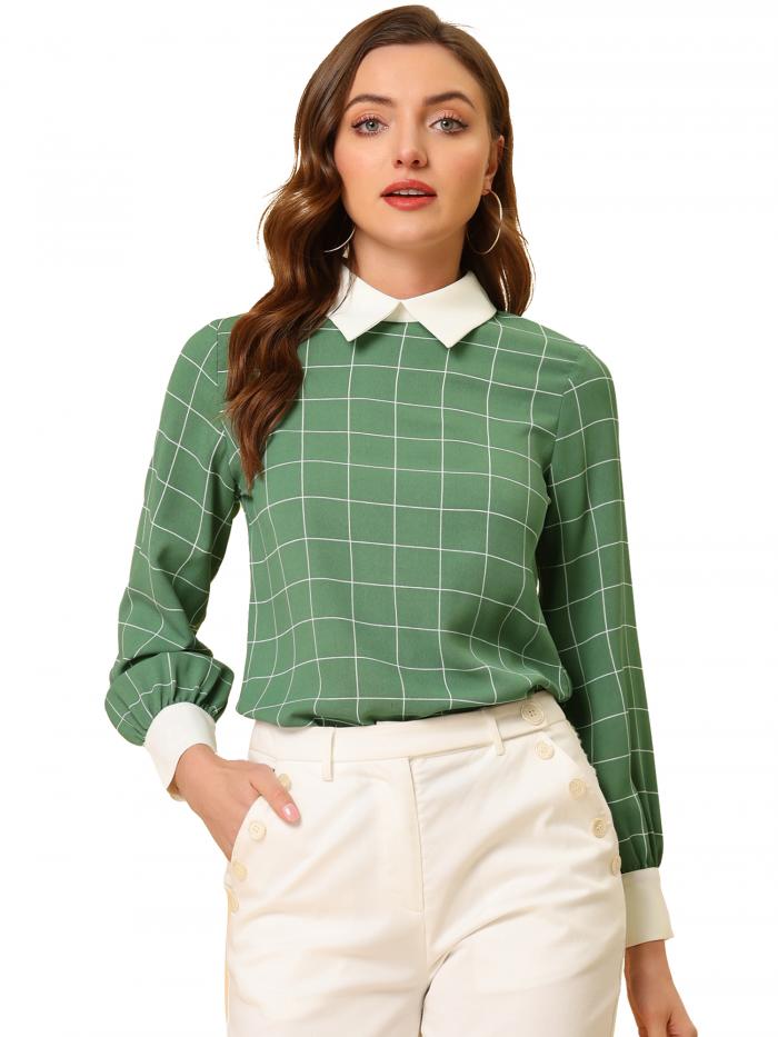Allegra K チェック トップス シャツ コントラストカラー ボタンバック レディース グリーン S