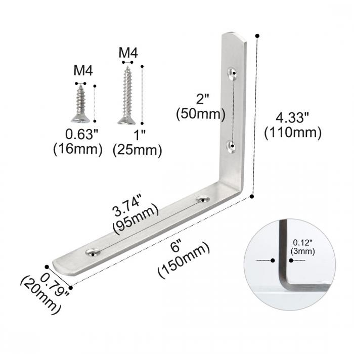 uxcell アングルブラケット ステンレス鋼 ブレースファスナー 棚サポート ネジ付き 150 x 110mm 2個入り 3
