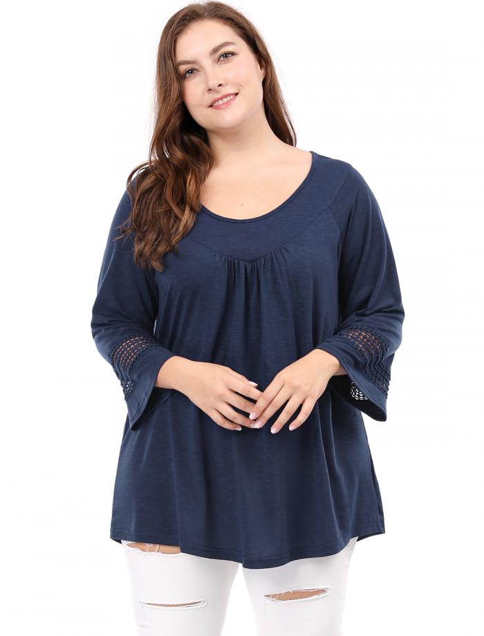 Agnes Orinda シャーリング トップス プラスサイズ かぎ針編み 着物 ラグランスリーブ レディース ブルー 4XL